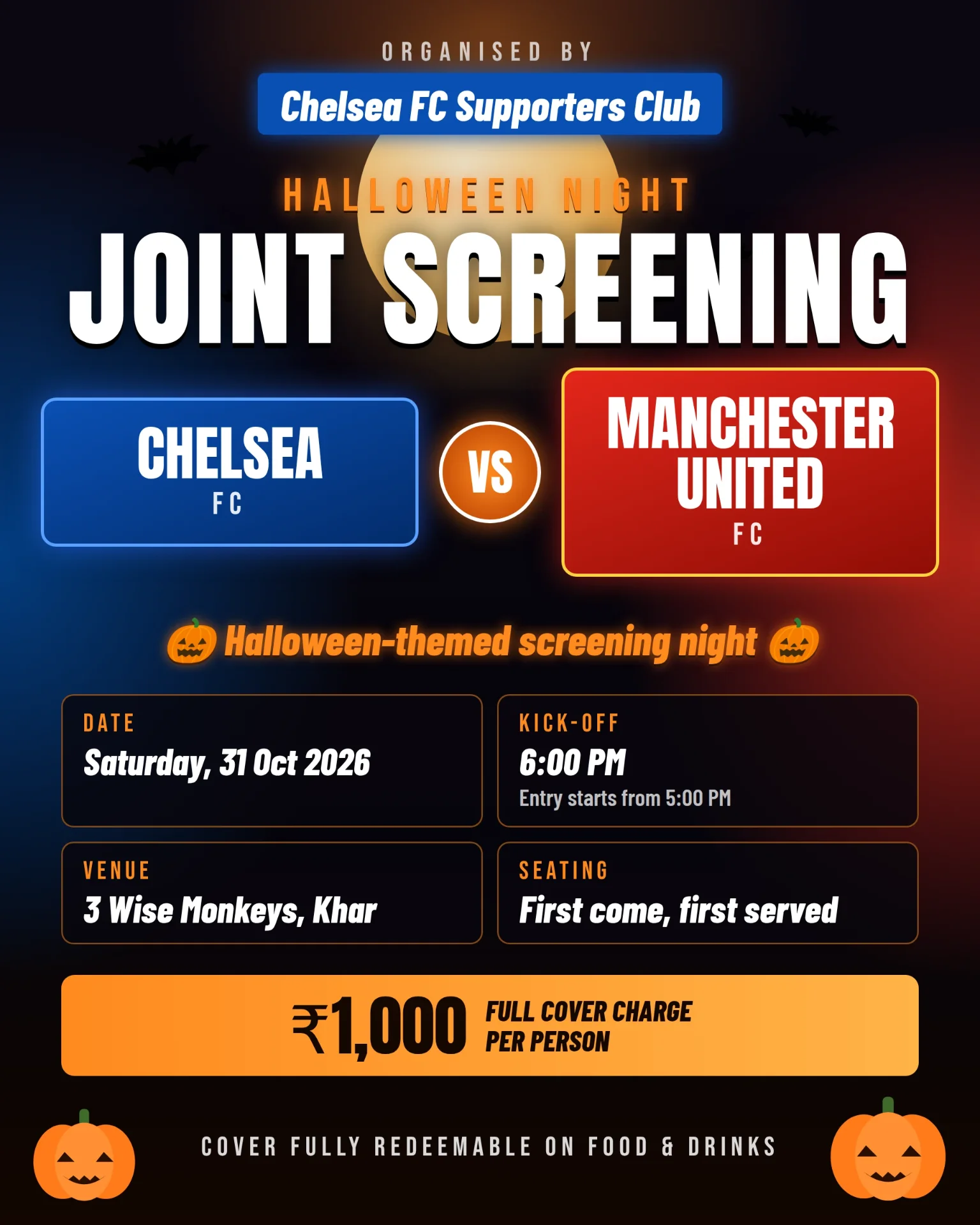 Chelsea FC vs Manchester United FC - Screening at 3 Wise Monkeys, Khar